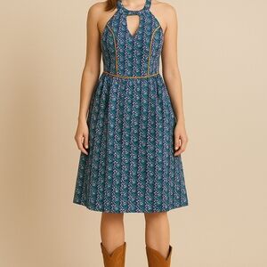 Chic Teal Patterned Halter Midi Dress